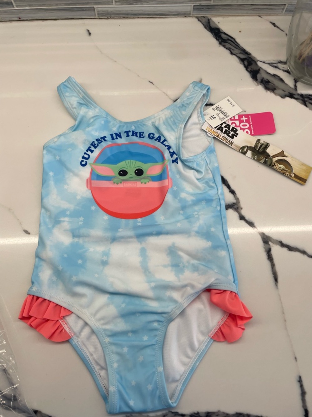 The Children's Place Blue and Pink Baby Yoda One-Piece Swimsuit